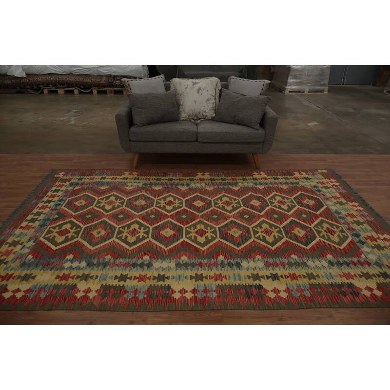 Hand Woven Oriental 100% Wool Carpet Southwestern Tribal Red Kilim Area Rug - 9' 10'' X 6' 6''