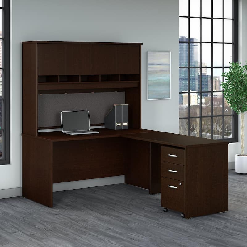Series C 60W L Desk with Hutch and Drawers by Bush Business Furniture - Mocha Cherry