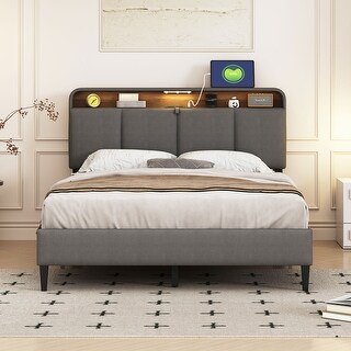 Full Size Upholstered Storage Platform Bed Frame w/ Sockets & USB Port ...