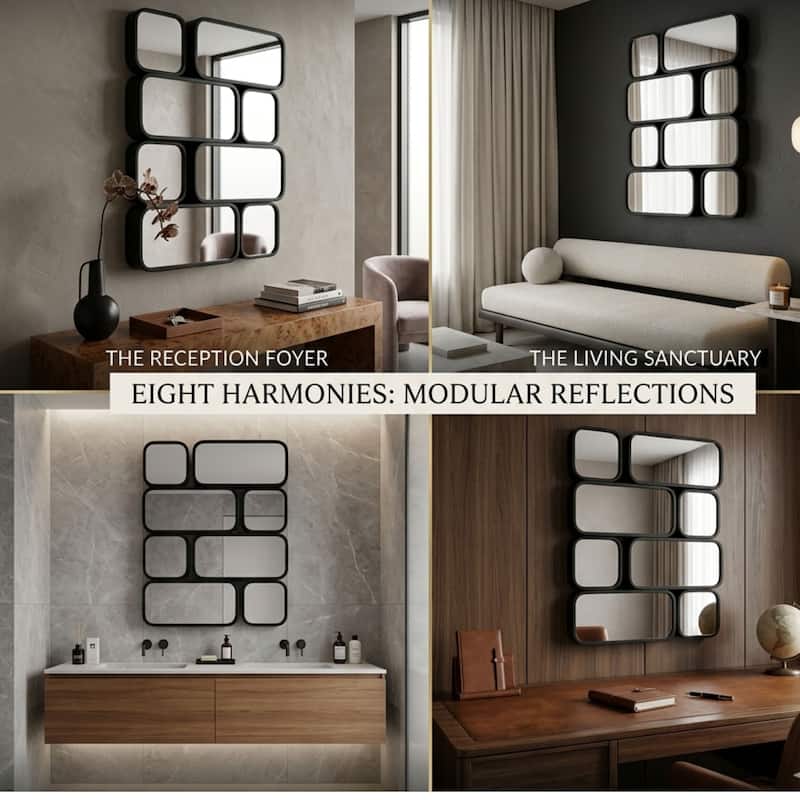 Mosaic Wall Mirror 32"x43" Black Multi Panel Modern Funky Flow Design