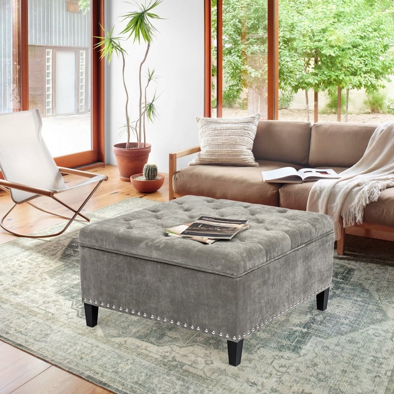 Adeco Large Square Footstool Fabric Storage Ottoman Bench Light Grey