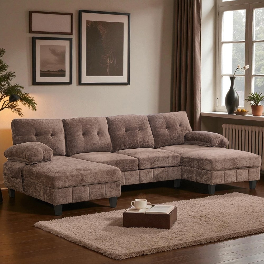 103.5" U-Shaped Sectional Sofa with Dual Chaise Lounges, Chenille Upholstery, Storage Pockets and Armrest Pillows