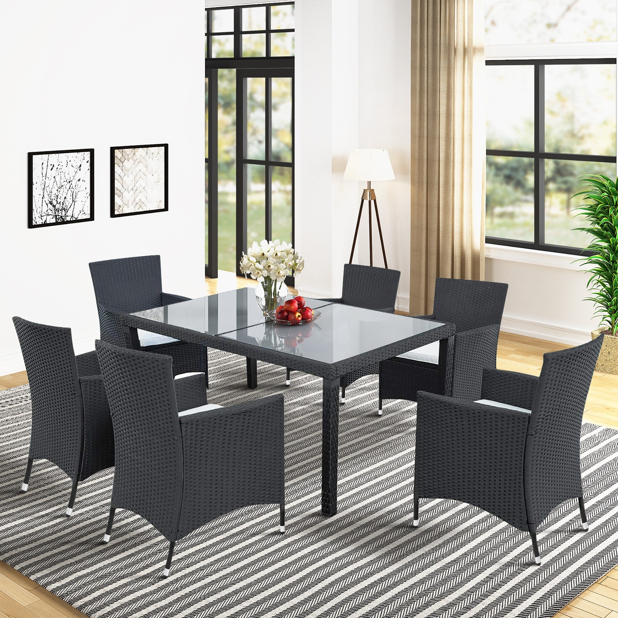 Outdoor wicker dining table top with glass top
