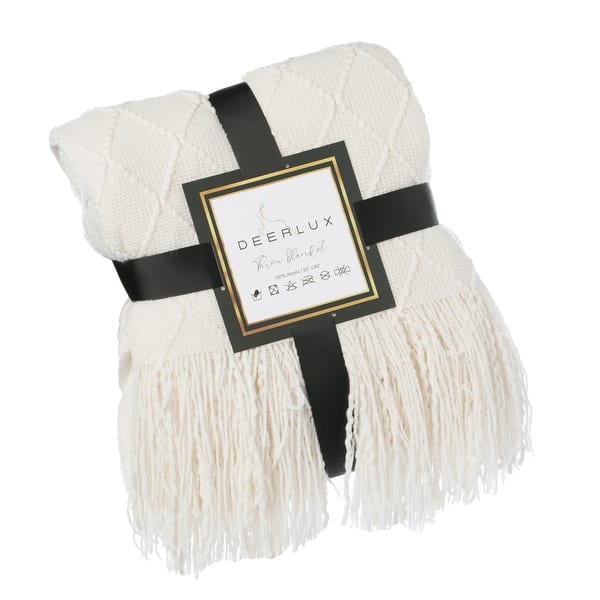 Decorative Throw Blanket - 50x60in Soft Knit with Delightful Fringe Edges for a Sophisticated and Cozy Touch to Your Home - White