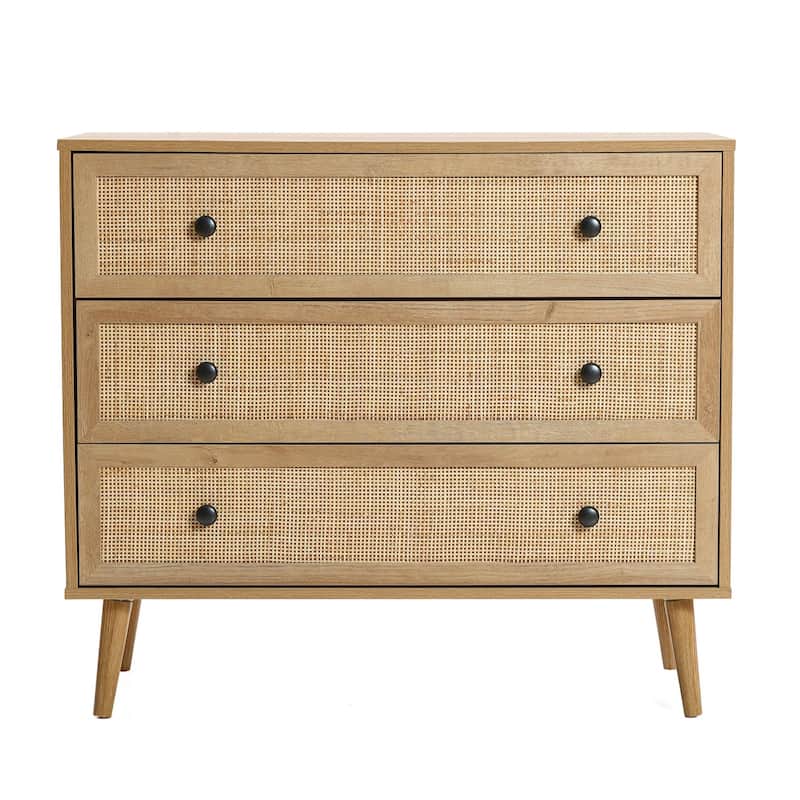 35" Wide 3-Drawer Rattan Light Oak Finish Wood Dresser