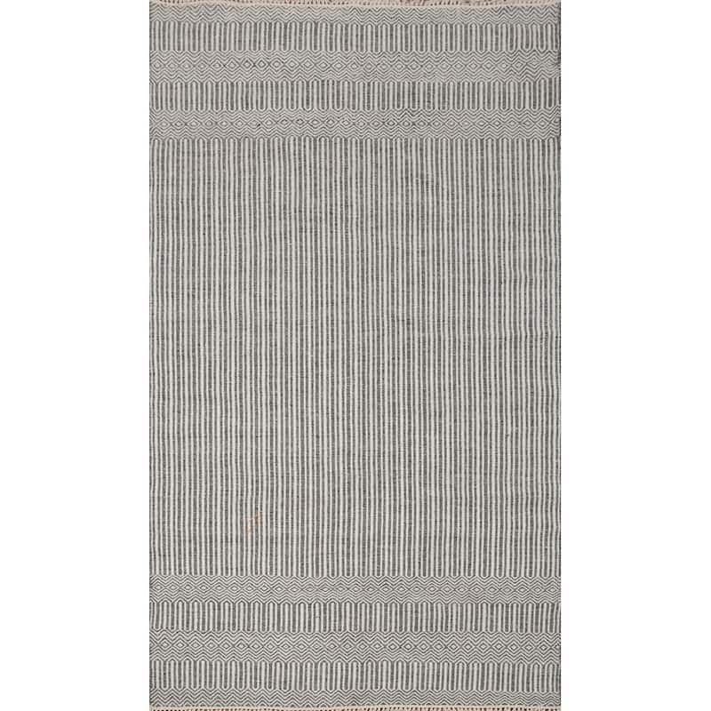Hand Woven Oriental 100% Wool Carpet Traditional Geometric Greys & Charcoal Durrie-Kilim Area Rug - 8' 3'' X 5' 1''