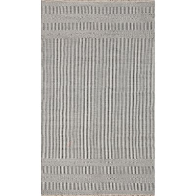 Hand Woven Oriental 100% Wool Carpet Traditional Geometric Greys & Charcoal Durrie-Kilim Area Rug - 8' 3'' X 5' 1''