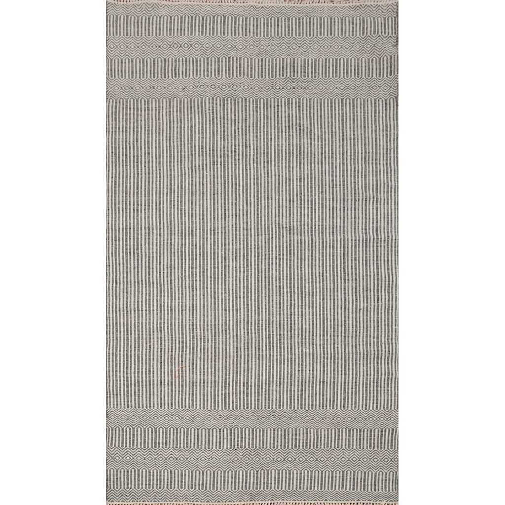 Hand Woven Oriental 100% Wool Carpet Traditional Geometric Greys & Charcoal Durrie-Kilim Area Rug - 8' 3'' X 5' 1''