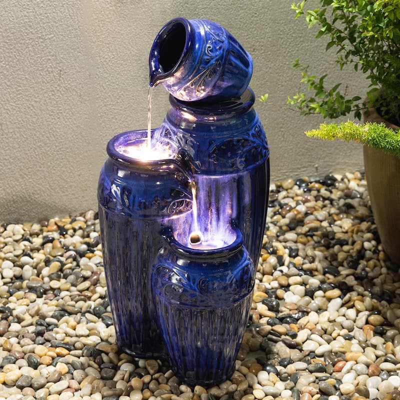 Glitzhome 27"H/35"H 4-Tier Embossed Pattern LED Ceramic Pots Fountain