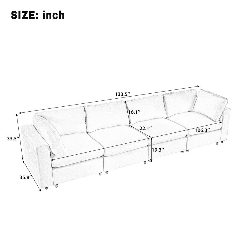 Modular Sofa with Charging Ports & Bluetooth Speaker, 4 Seat Straight Row Sectional Sofa Convertible L-Shaped Sleeper Couch