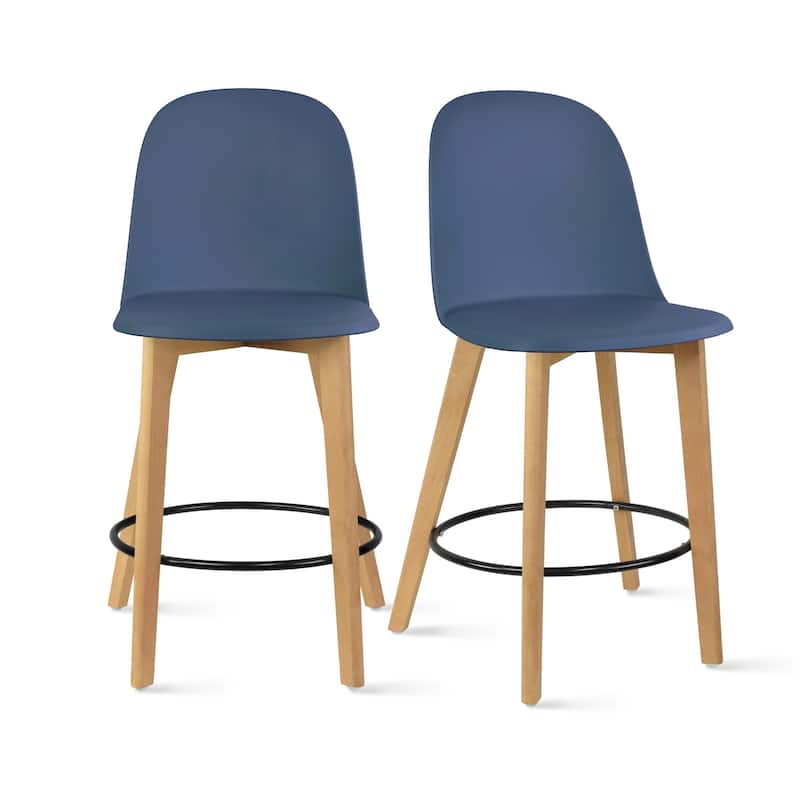 Set of 2 Designer Eiffel Chairs Counter Stools With Backs Side Molded Shell Kitchen Office Dining Dowel Bar Patio - Blue