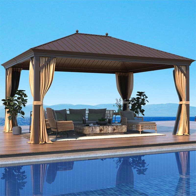 Erommy Pro Series Outdoor Galvanized Steel Roof Gazebo Pergola w/ Aluminum Frame & Vertical Rain Cutter - 12'x16' - Wood Grain