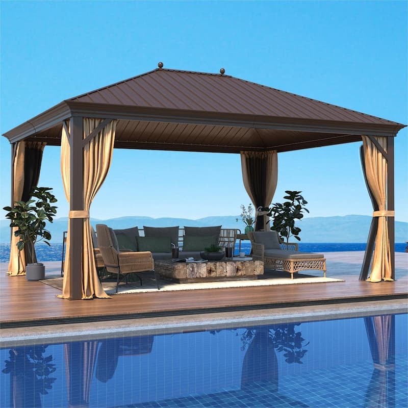 Pro Series Outdoor Hardtop Gazebo Pergola | Galvanized Steel Roof & Aluminum Frame | Includes Premium Curtains & Netting