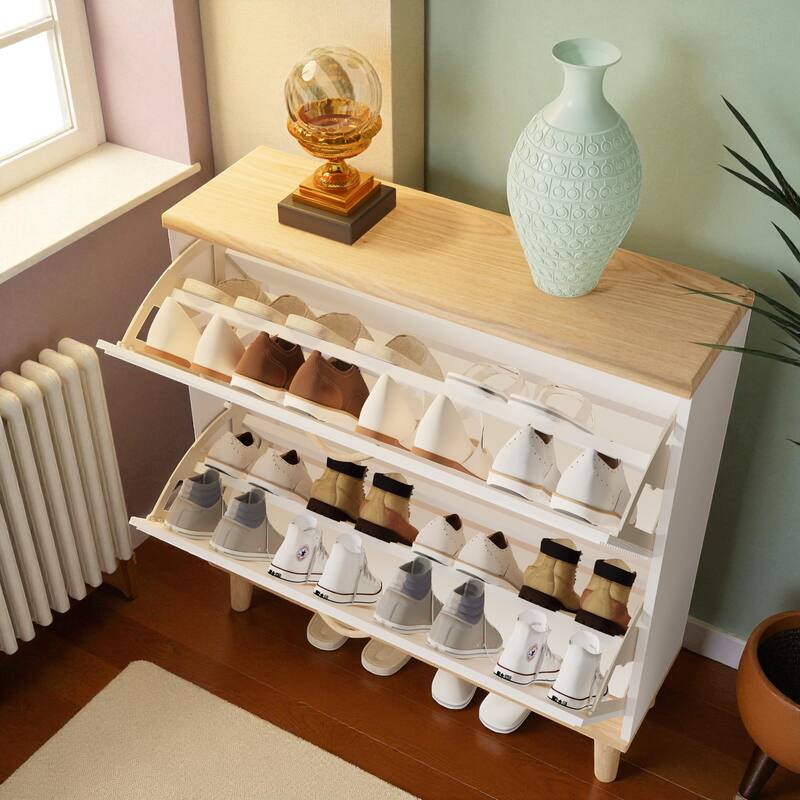 31.5" Narrow Shoe Storage Cabinet with 2 Flip Drawers, Slim Freestanding Entryway Shoe Organizer with Natural Wood Legs