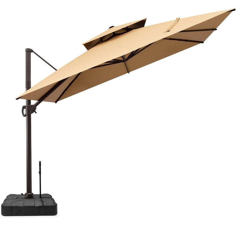 11 FT Square Outdoor Patio Double Top Cantilever Umbrella with Rod Base - Tan