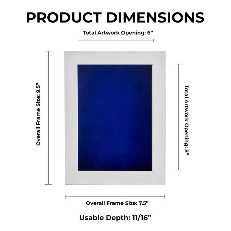 6x8 Shadow Box Frame White Wood | With a 3/4" Usable Display Depth | Includes a Royal Blue Real Suede Texture Acid-Free Backing