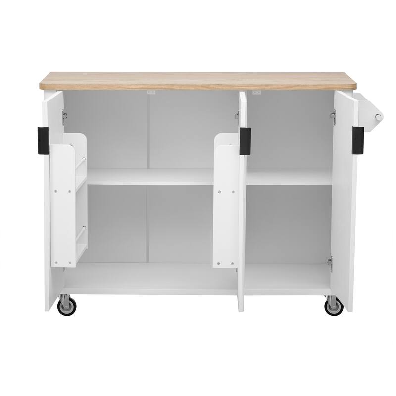 51.30'' Fluted Kitchen Island with Drop Leaf, Rolling Wheels, Internal Storage Rack, and Towel Rack - 51.3'' x 29.5'' x 36.4''