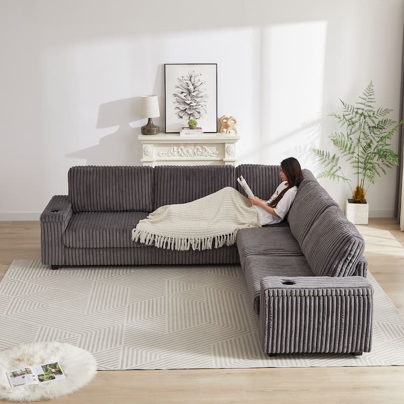 Dark Grey 110" Oversized Corduroy L-Shaped Corner Sectional Sofa with Storage Armrest, Cup Holder, USB & Type-C Ports