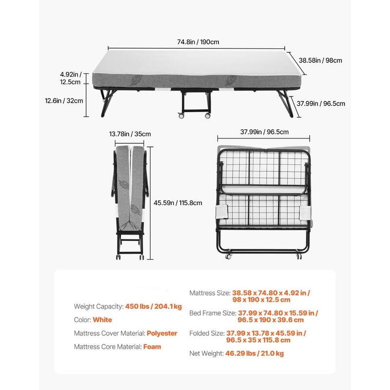 White Polyester Rollaway Folding Bed with 5 Inches Foam Mattress and Steel Frame