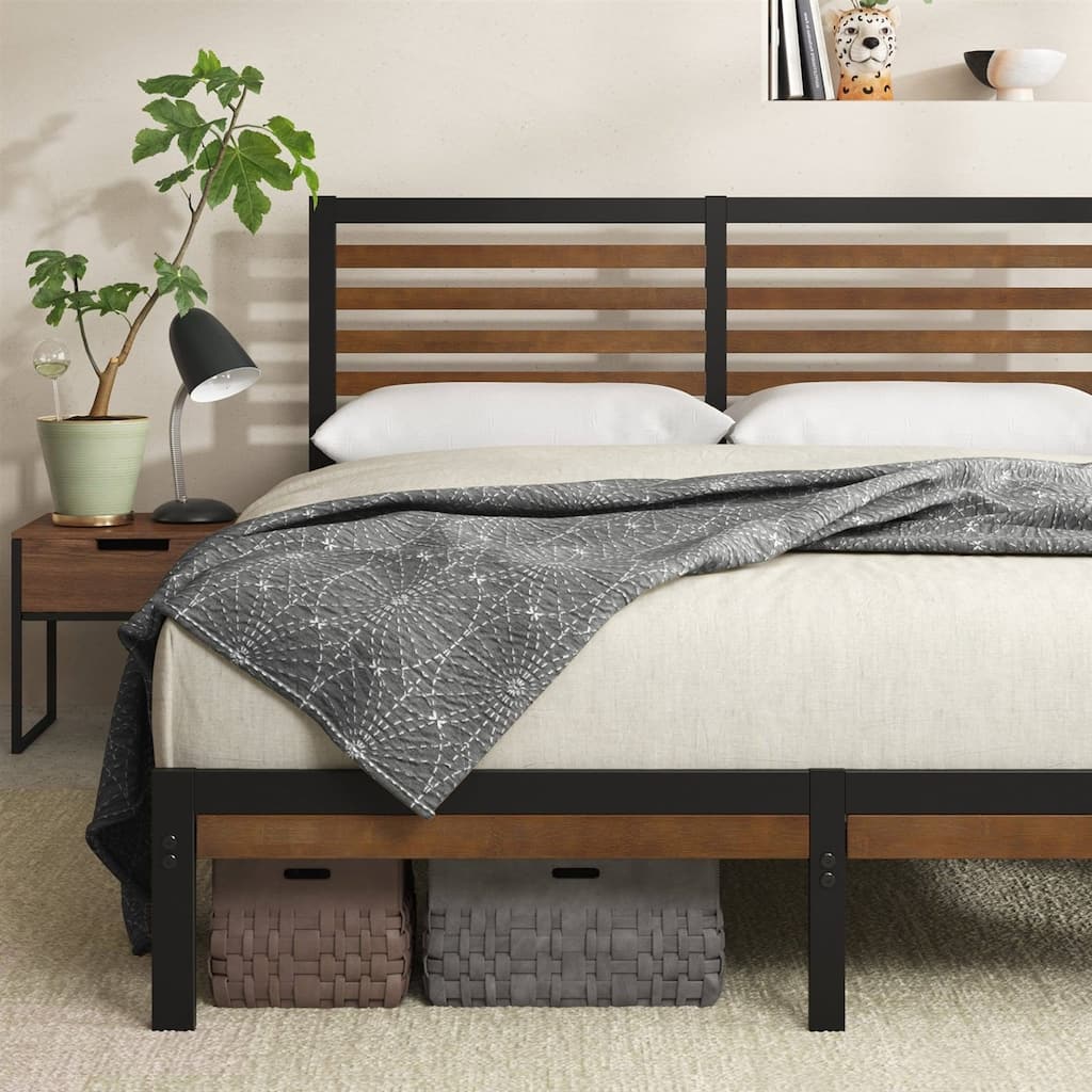 Modern Wicker Wood Platform Bed Frame with Steel Support