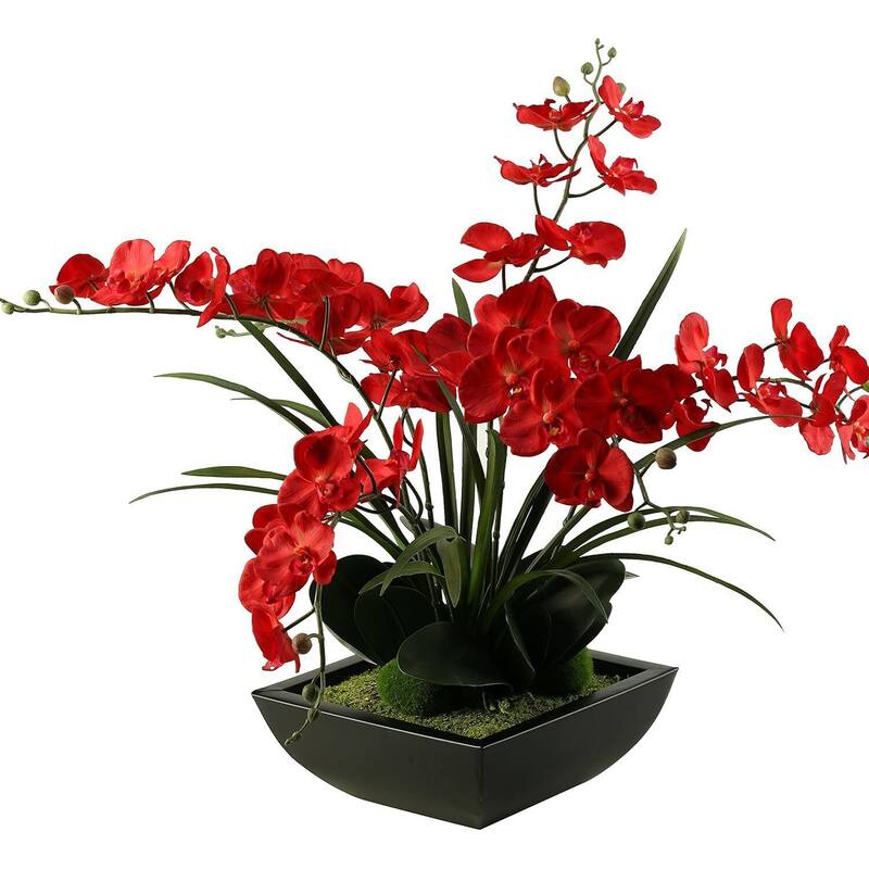HomeStock Deep Red Phael Orchids in Square Metal Planter - Bold Faux Orchid Arrangement for Modern Homes - 10