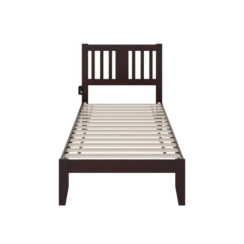Rustic Twin XL Bed - Espresso Wood Frame with Slat Kit & Charging Station - 38.38" x 81.5"