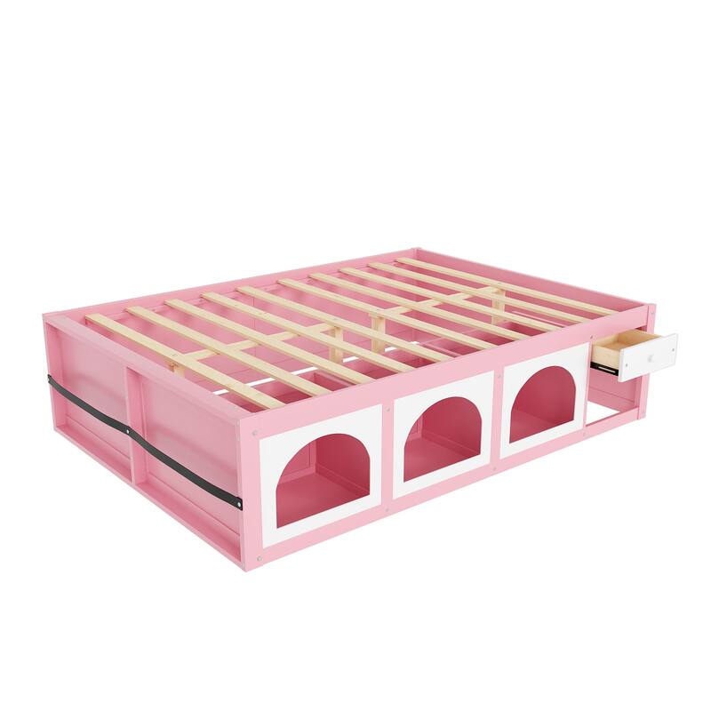 Wooden Platform Bed with Footboard Bookshelf, LED Display Cabinet and Drawer Storage by Harper&Bright Designs