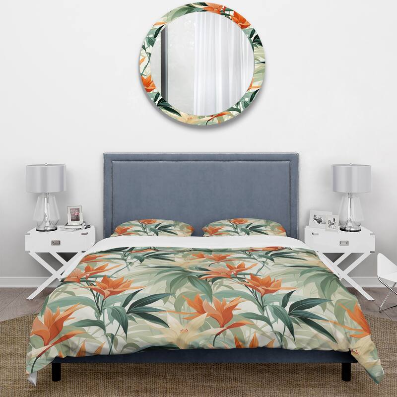 Designart "Green And Orange Bamboo Mirage Tropical Pattern" Green Tropical - Bedding Set With Shams