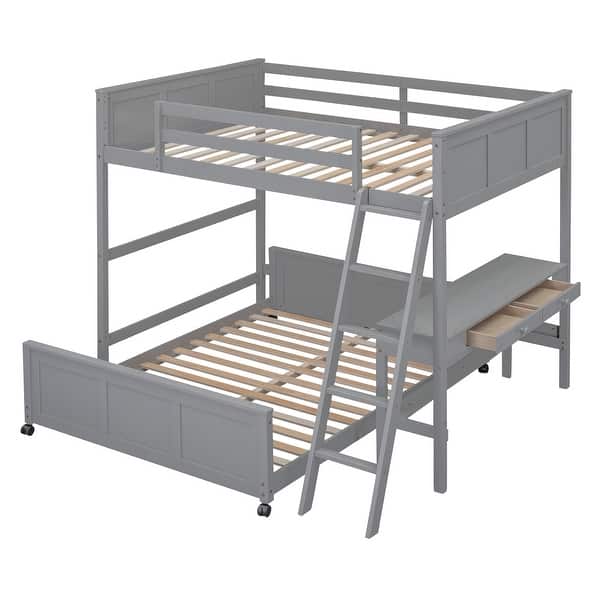 slide 2 of 15, Full Over Full L-Shaped Bunk Bed Wooden Loft Bed with Desk, Gray Gray - Full