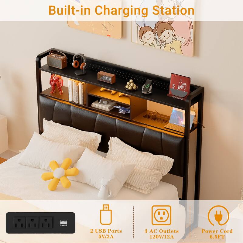 Upholstered Headboard with Pegboard and Charging Station, Storage Headboard Shelves and LED Light