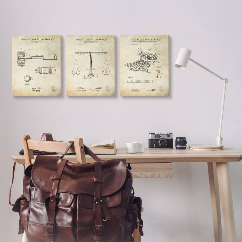 Stupell Vintage Courtroom Patents Judge Scale Gavel and Stenograph Canvas Wall Art - Brown