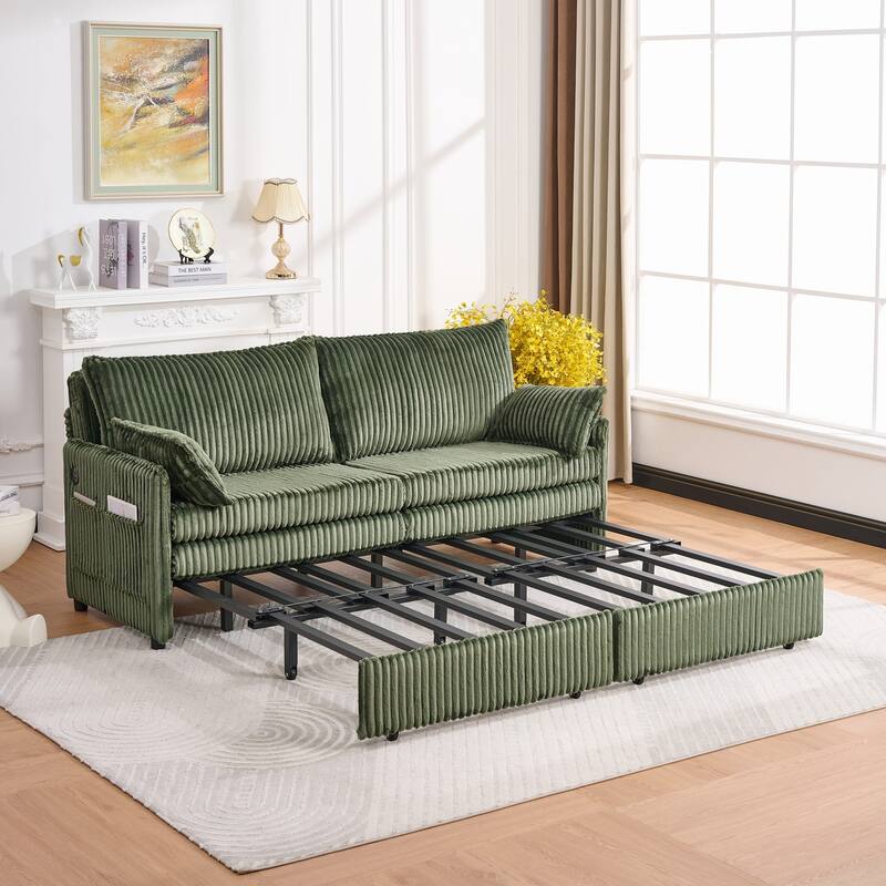 Roomfitters 73" Modern Corduroy Sofa Bed with Pull-out Sleeper Design, Modular Daybed with Storage Pocket & Pillows