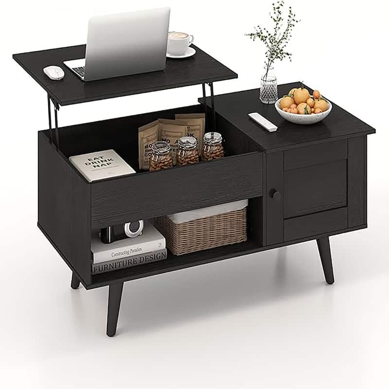 Lift Top Coffee Table Storage w/ Hidden Compartment Cabinet Open Shelf - Black