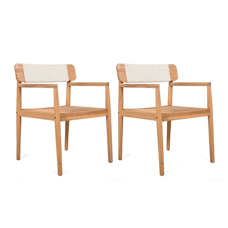 Roomfitters 4-Piece Outdoor Braided Acacia Wood Chairs Teak Look and Rope Weave Armchairs for Garden Backyard Poolside