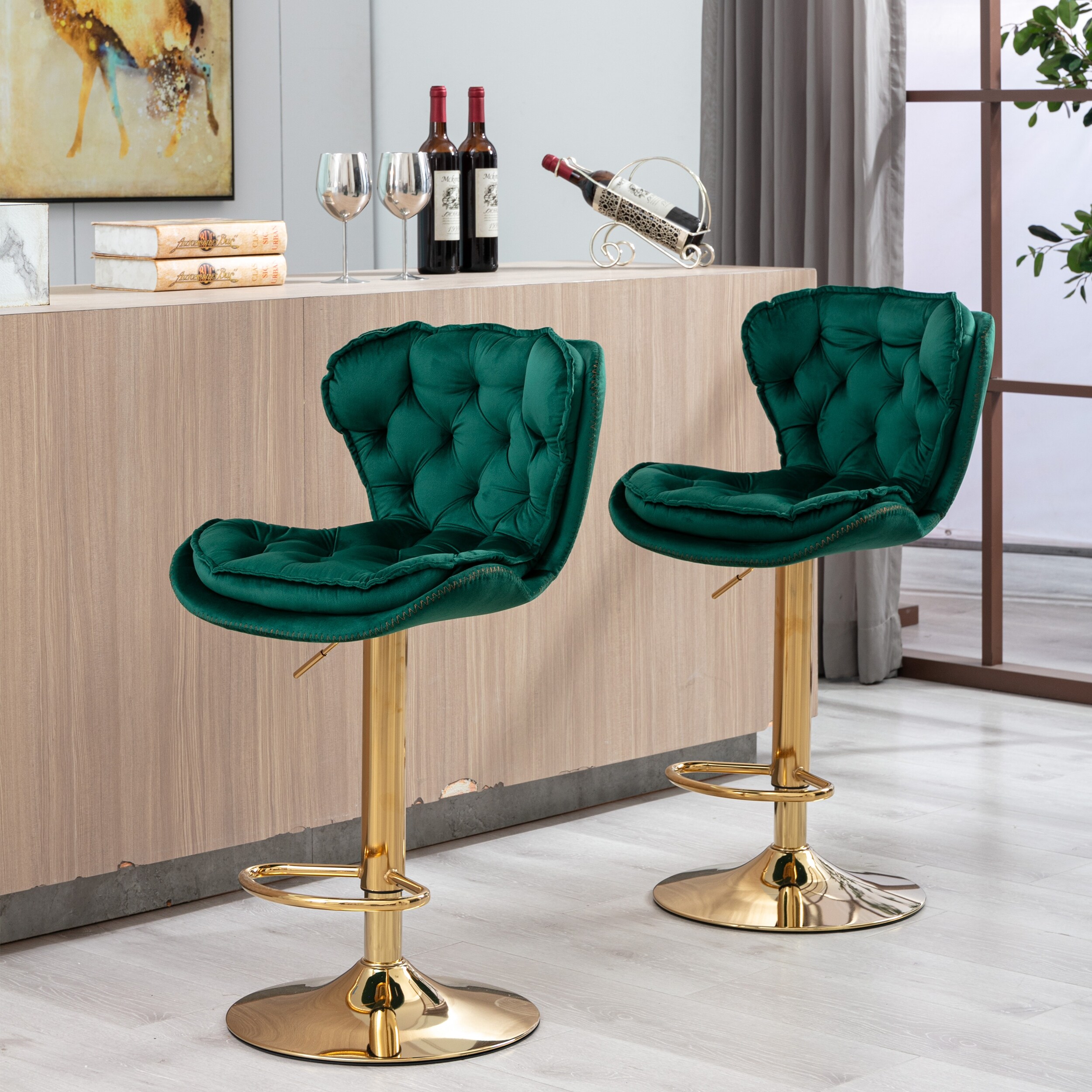Velvet Tufted Bar Stools Set of 2, Metal Base & Adjustable Swivel