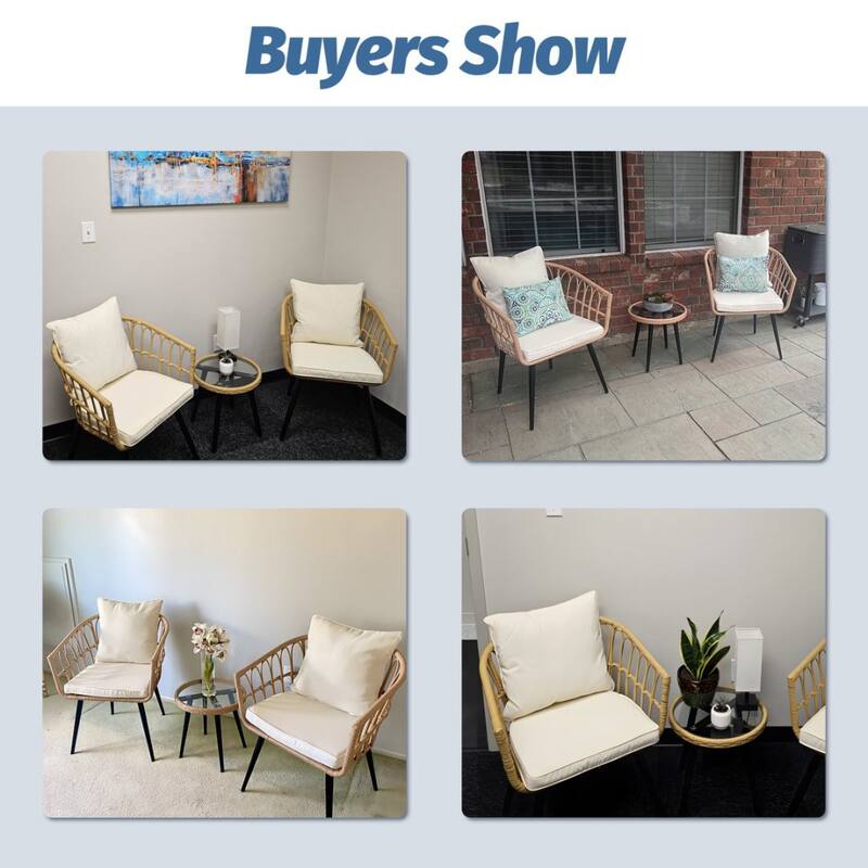 3-PC Outdoor Wicker Conversation Set w/ 2 Cushions, Glass Coffee Table