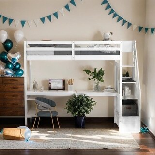 Contemporary Design Twin Size Loft Bed with Storage Staircase and Built-in Desk, Durable Structure, Maximized Space, White