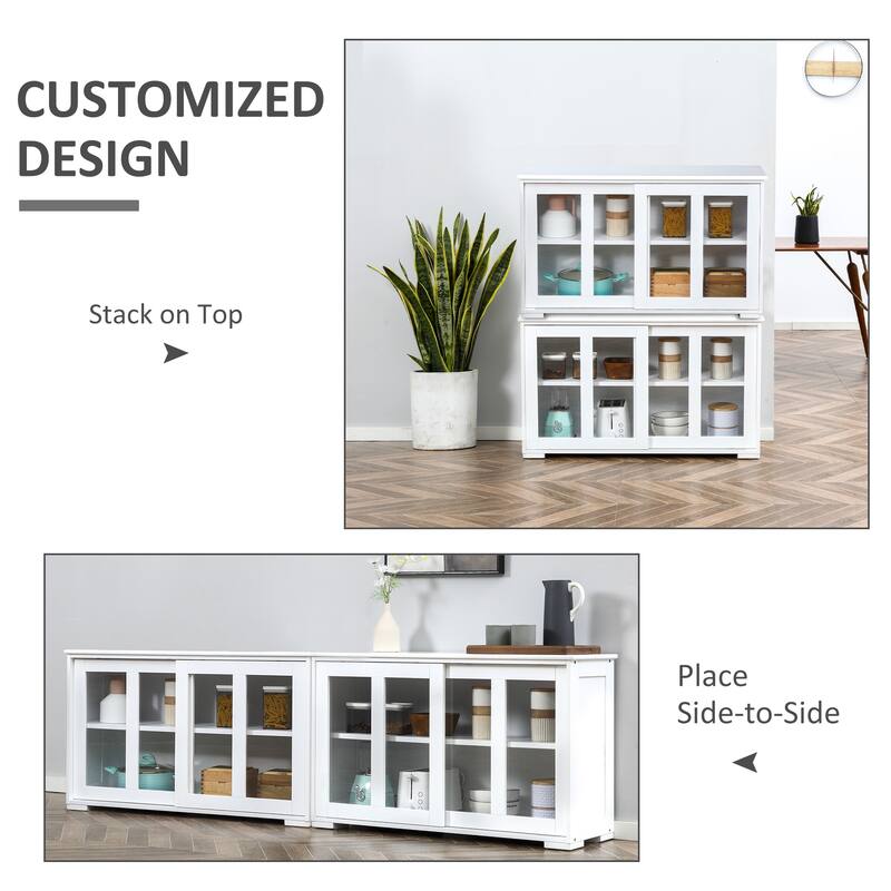 White Kitchen Sideboard Buffet with Sliding Glass Doors and Adjustable Shelf for Dining Room Storage - 42.25" x 13" x 24.5"