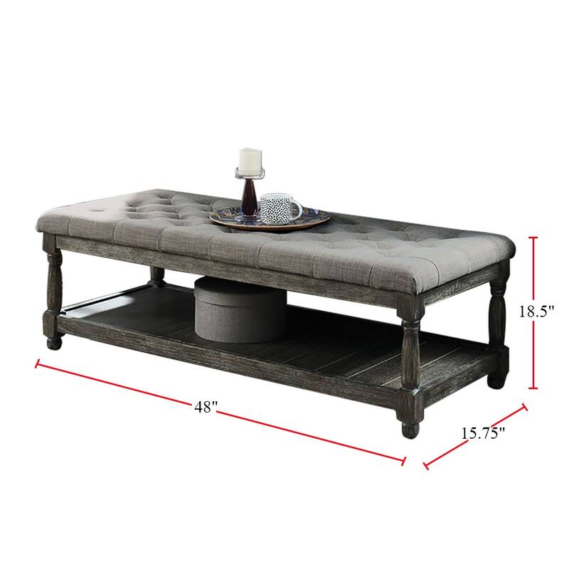 Linen and Wood Bench with Open Shelf