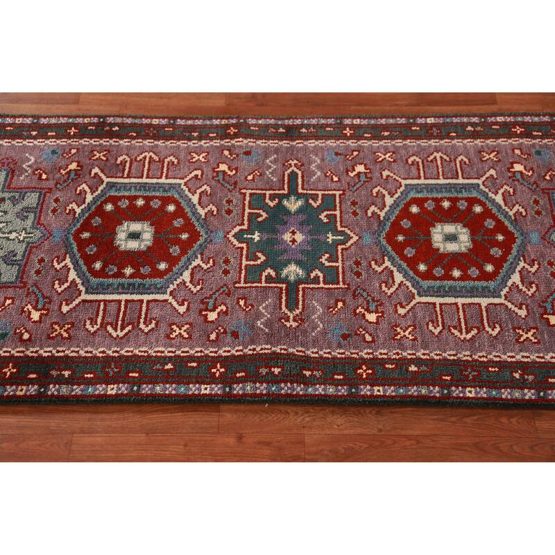 Hand Knotted Oriental 100% Wool Carpet Transitional Geometric Purples Khotan Runner Rug - 9' 10'' X 2' 7''