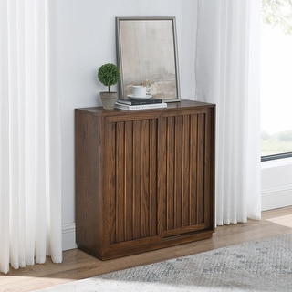 Roomfitters Mid Century Sideboard, Sliding Doors, Solid Wood Decorative Strips, Storage Cabinet, Walnut
