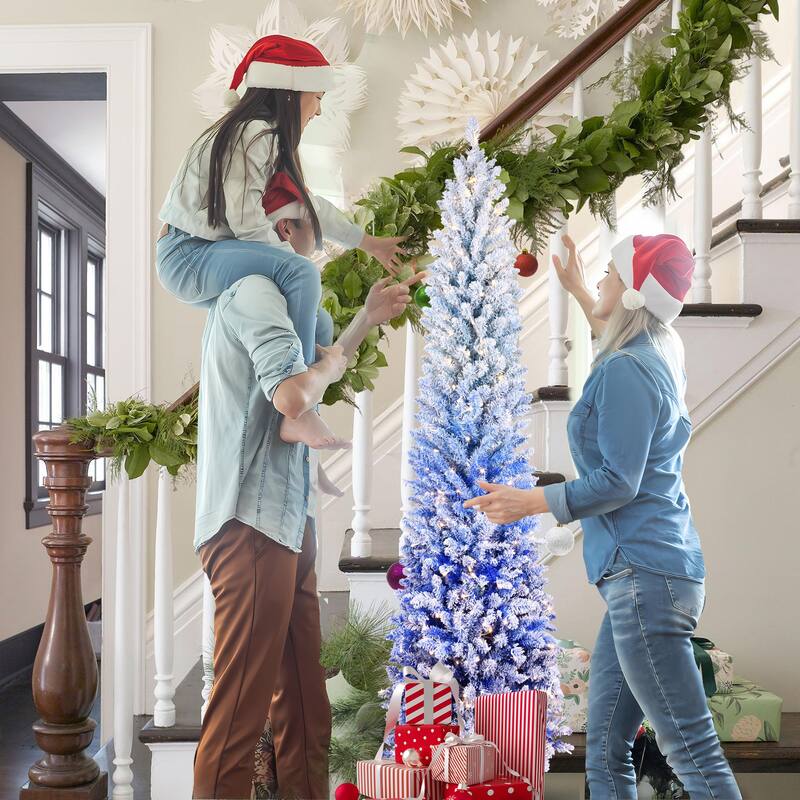 6FT Blue Gradient Flocked Pencil Christmas Tree with 200 Warm White LED Lights,485 Tips,Hinged Branches,Slim Design,Metal Stand