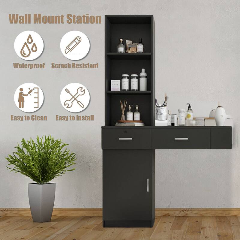 Wall Mount Makeup Vanity Dressing Table,Drawers & Hair Dryer Holder - W39.76*D13.19*H66.93