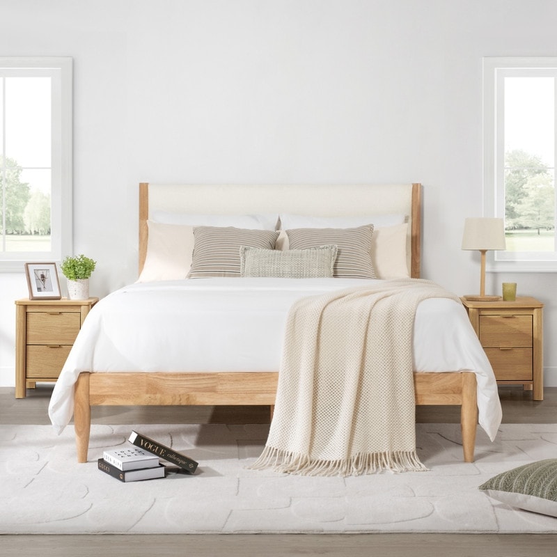 Spruce & Spring Mason 3-Piece Bedroom Set with Boucle Upholstered Bed and 2 Wood Nightstands