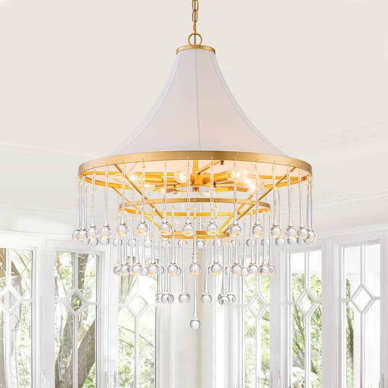 Brushed Gold Crystal Tiered Chandelier with Linen Shade Dining Room - Dia.23.62-in - Dia.23.62-in