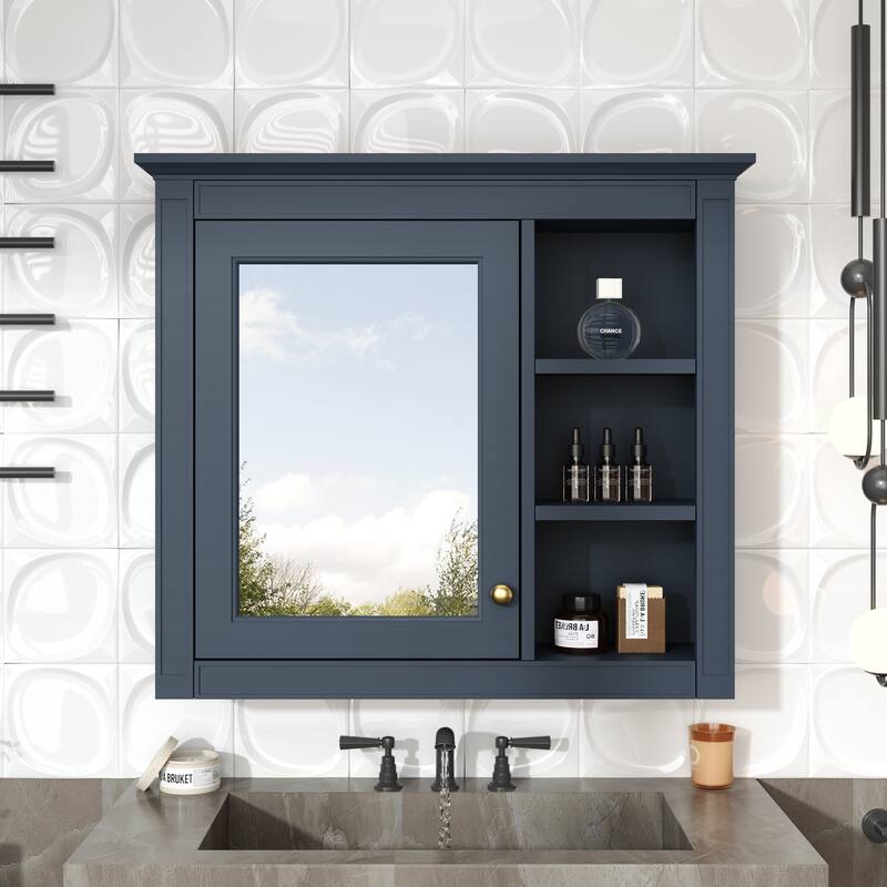 GDFStudio - Trellen Modern Wall-Mounted Bathroom Storage Cabinet with Mirror and 3 Open Shelves (No Bathroom Vanity) - 29.92"W