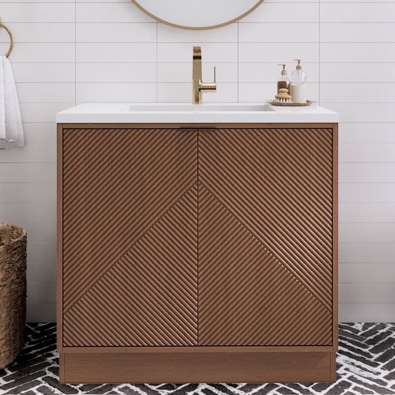 Milano 36" Freestanding Bathroom Vanity with White Acrylic Sink - 35.42" x 19.49" x 35.46'' - Brown