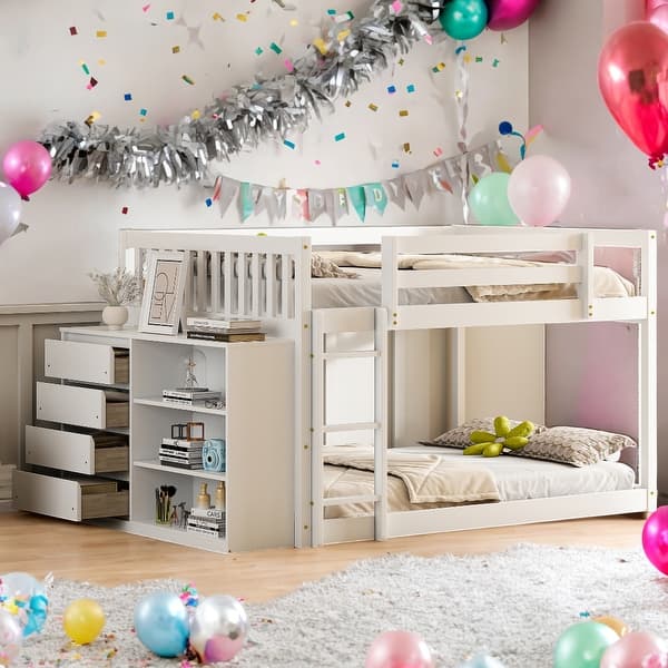 slide 2 of 39, Kids and Baby Full over Full Bunk Bed with 4 Drawers and 3 Shelves White