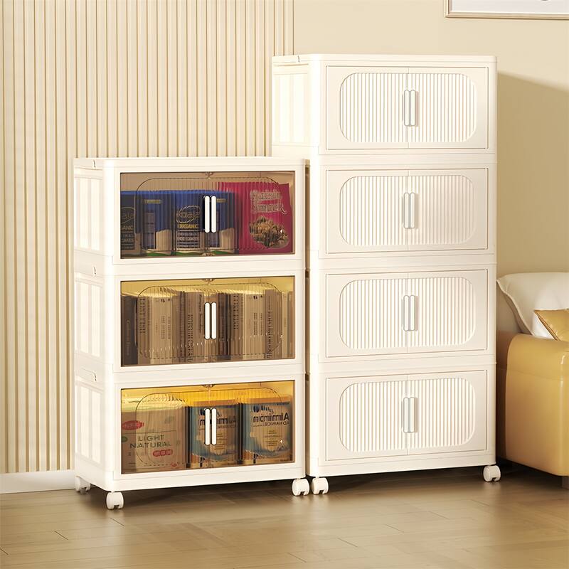 5 Tiers Cream White 19.69" Side Wide Folding Storage Cabinet