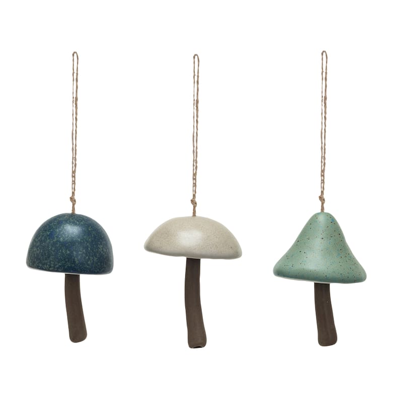 Stoneware Mushroom Bell Ornament with Jute Hanger, Set of 3